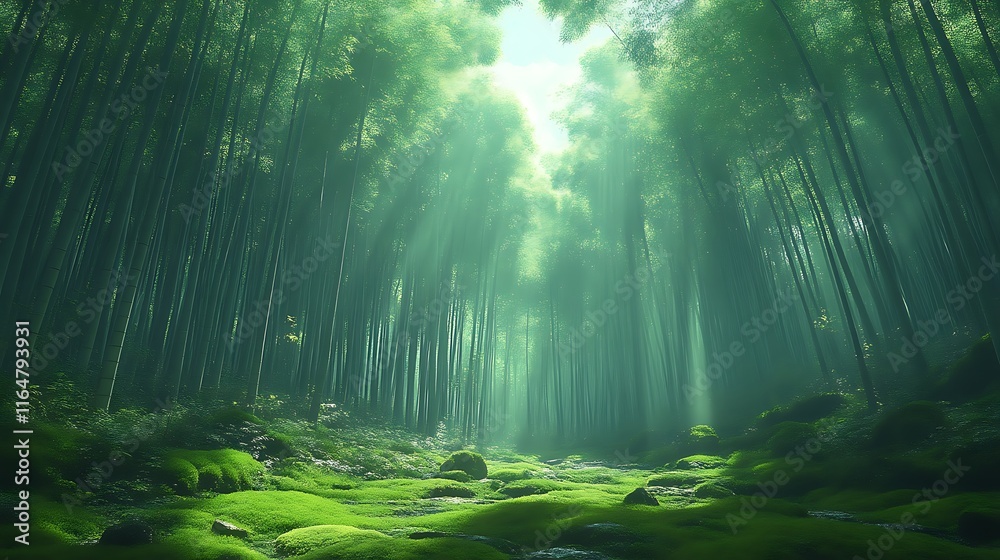 Obraz premium Sunlit Path Through Lush Green Bamboo Forest