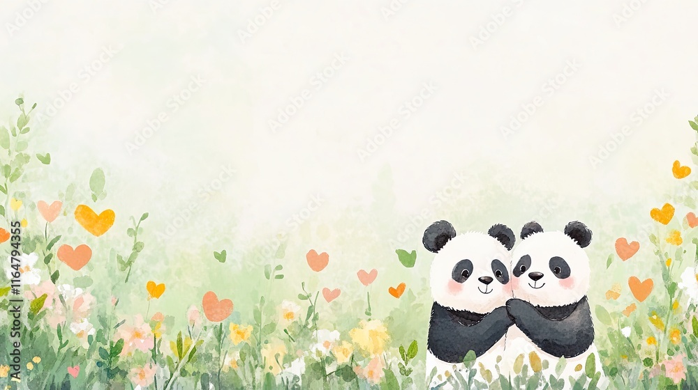 Fototapeta premium Cute pandas hugging in a colorful flower field watercolor background
