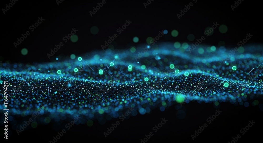 Abstract digital blue particles forming a dynamic wave on black background Abstract digital blue particles forming a dynamic wave on black background