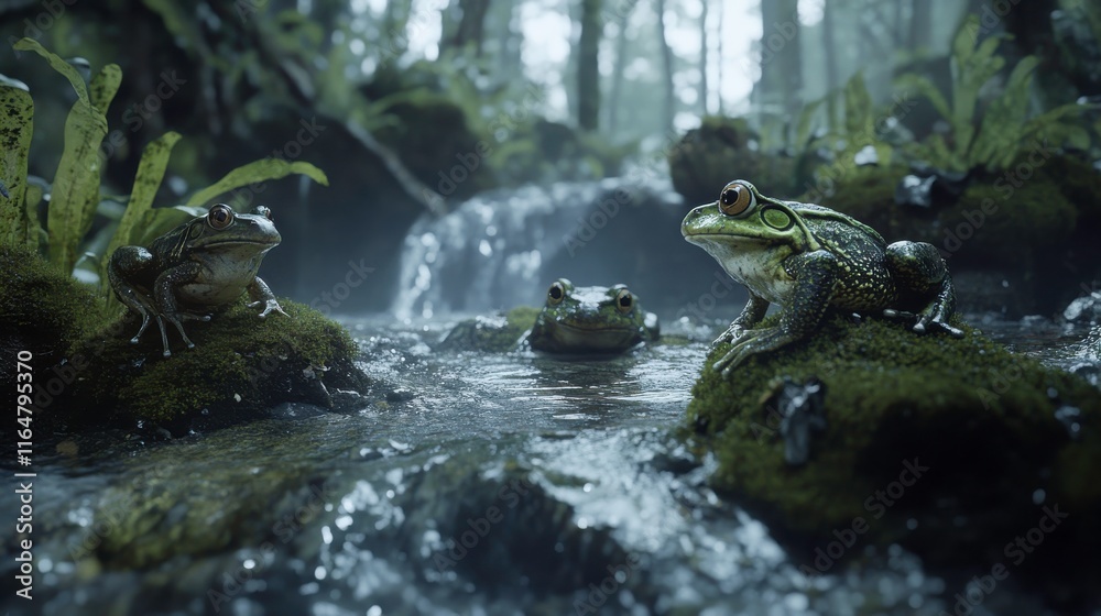 Fototapeta premium Frogs Hopping Across Mossy Rocks in a Jungle Setting