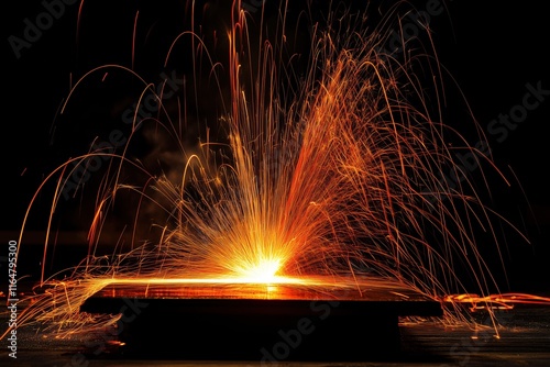 A vibrant display of sparks erupting from a surface, creating a dynamic and energetic scene. The bright orange and yellow sparks contrast against a dark background.