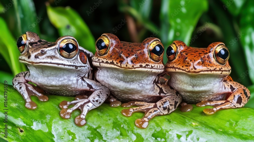 Naklejka premium Frogs Resting on Wet Leaves in Dense Jungle Setting
