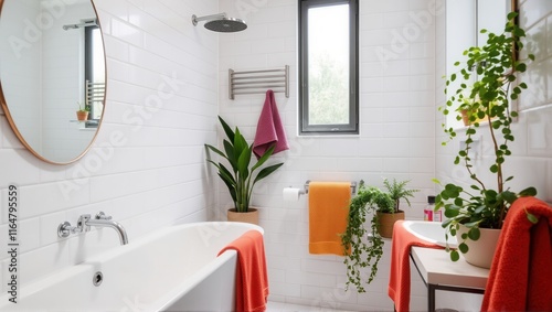 A bright modern bathroom with white subway tiles, a freestanding bathtub, vibrant red and yellow towels, green plants, and a round mirror for a fresh and clean look. Generative, AI, photo