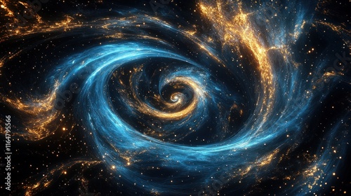 Abstract Cosmic Spiral with Blue and Gold Nebulae