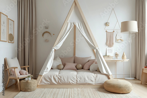 Interior of modern children's room with teepee