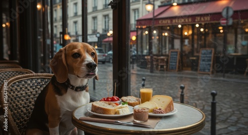 Beagle enjoying breakfast at a cafe on a rainy day in paris photo