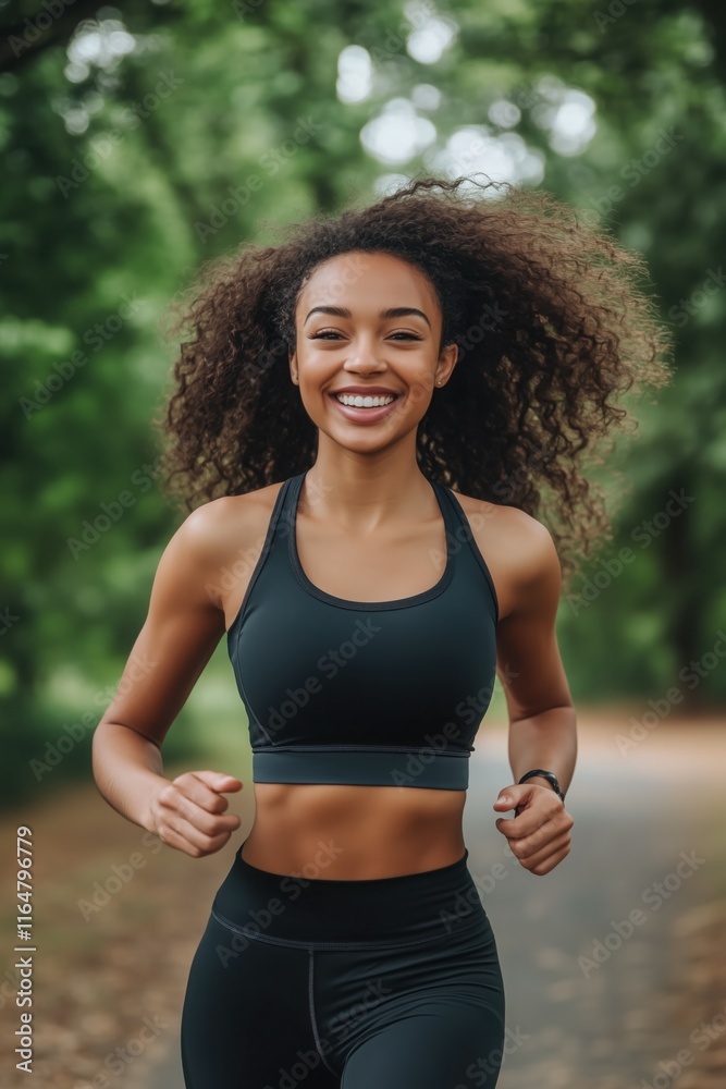 Fototapeta premium Color image of a beautiful and fit young woman jogging happily in a park.