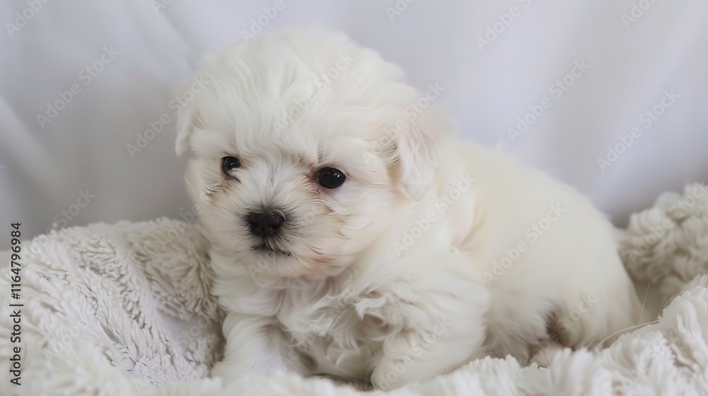 Adorable Bichon with its fluffy white coat standing gracefully, showing its cute little eyes and a friendly expression on its face. Its soft fur seems so smooth as it wags its tail slightly Adorable Bichon with its fluffy white coat standing gracefully, showing its cute little eyes and a friendly expression on its face. Its soft fur seems so smooth as it wags its tail slightly