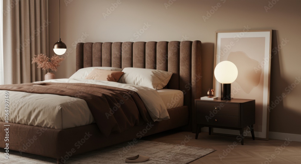 Fototapeta premium Modern bedroom design with cozy lighting and elegant decor elements