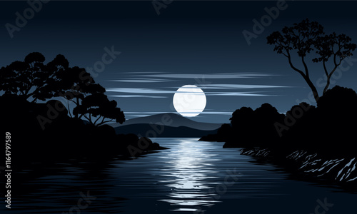 Full moon landscape with river