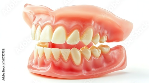 Dental model showcasing a realistic set of human teeth, white isolated background.
