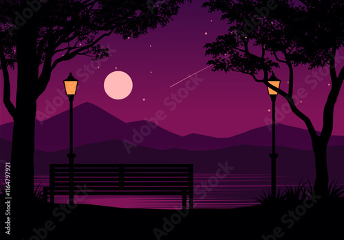 night in the park with bench and view of lake