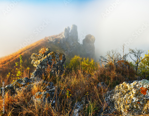 Beautiful autumn landscape at sunrise. picturesque river canyon. nature of Ukraine