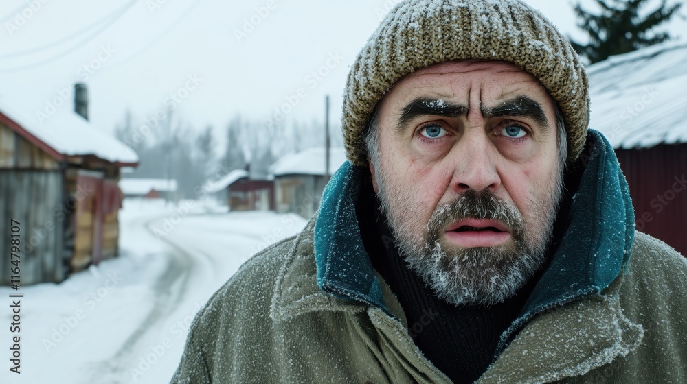 Portrait of an older man with a knitted hat and frosty eyebrows in a snowy rural village Portrait of an older man with a knitted hat and frosty eyebrows in a snowy rural village