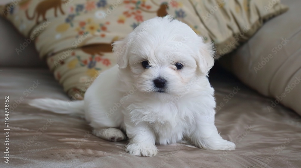 Adorable Bichon with its fluffy white coat standing gracefully, showing its cute little eyes and a friendly expression on its face. Its soft fur seems so smooth as it wags its tail slightly Adorable Bichon with its fluffy white coat standing gracefully, showing its cute little eyes and a friendly expression on its face. Its soft fur seems so smooth as it wags its tail slightly