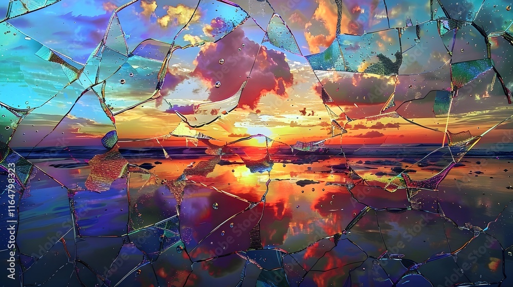 Fototapeta premium Abstract dynamic Shattered Glass, Reflections of a Shattered Sunset: An Abstract Display of Vibrant Colors and Fragmented Light,