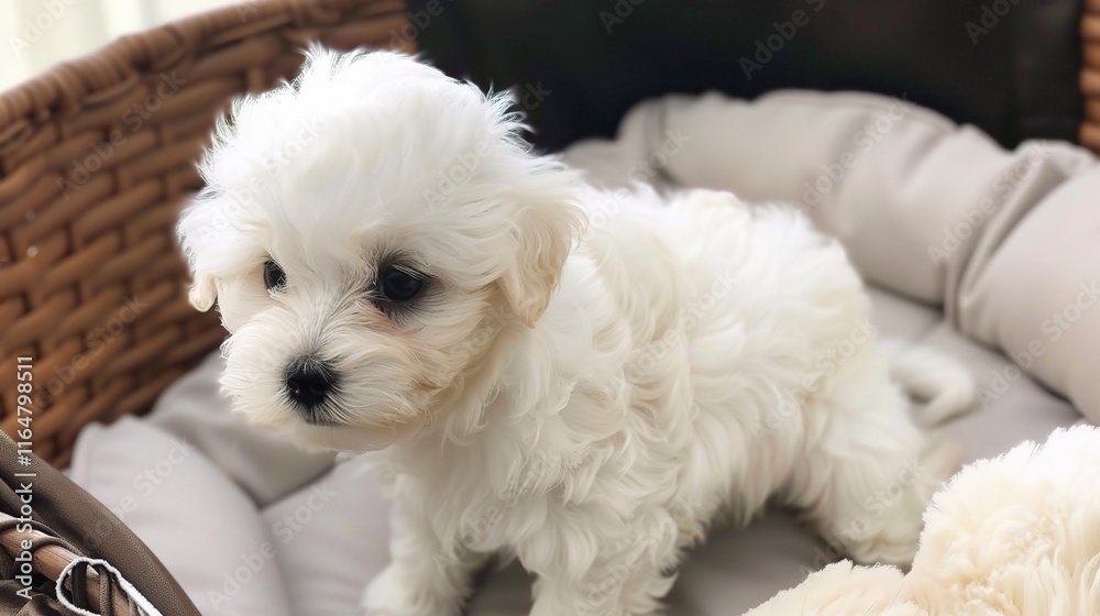 Adorable Bichon with its fluffy white coat standing gracefully, showing its cute little eyes and a friendly expression on its face. Its soft fur seems so smooth as it wags its tail slightly Adorable Bichon with its fluffy white coat standing gracefully, showing its cute little eyes and a friendly expression on its face. Its soft fur seems so smooth as it wags its tail slightly