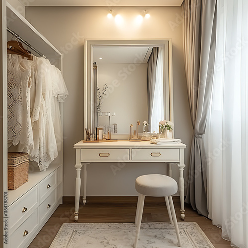 A chic dressing room with a large mirror a clothing rack and a stylish vanity table in 16:9 aspect ratio 