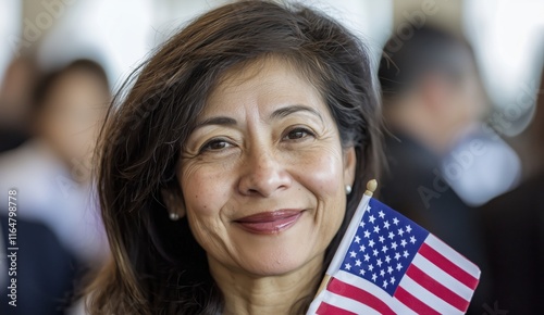 Happy smiling Female immigrant holding a small US flag the day of her naturalization ceremony