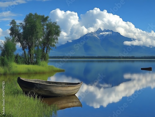 Serene Lakeside Scene With Boat And Majestic Mountains photo