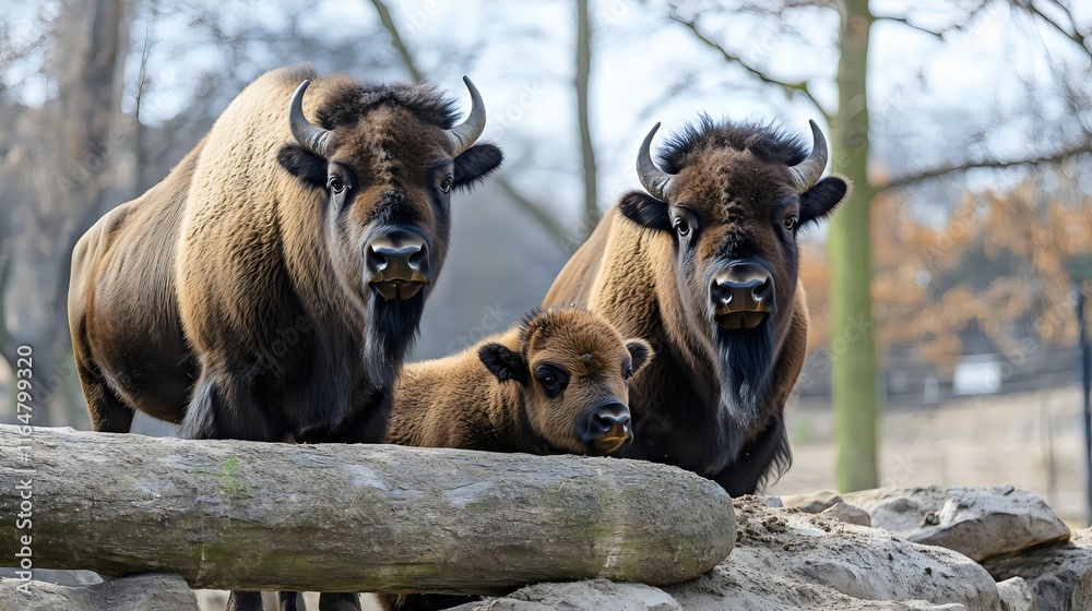 A group of bison, including a calf, standing together near a log in a natural setting. A group of bison, including a calf, standing together near a log in a natural setting.