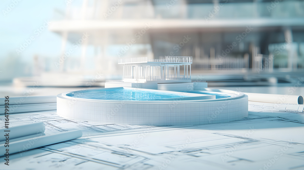 Architectural Model of House and Pool on Blueprints Architectural Model of House and Pool on Blueprints