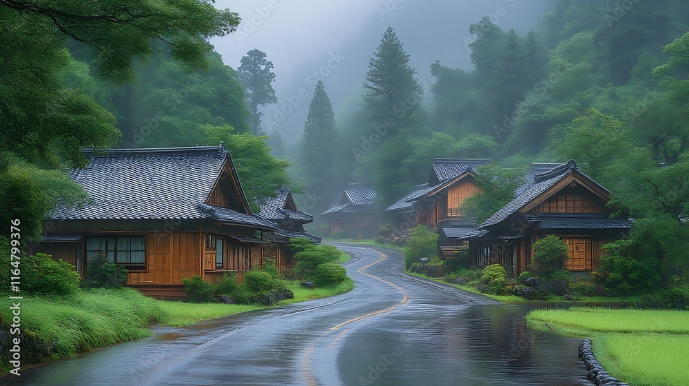 Naklejka premium Misty Mountain Village Road Houses Japan