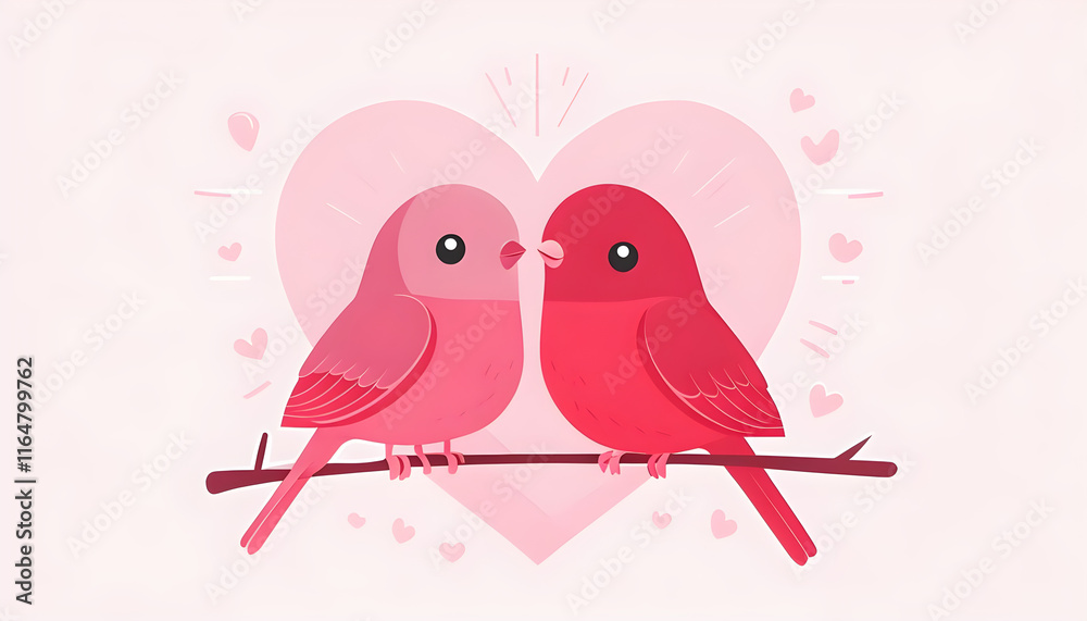 Lovebirds on a Branch: A delightful and whimsical illustration of two lovebirds perched on a branch, their beaks touching, with a large pink heart as the backdrop. Perfect for Valentine's Day, love. Lovebirds on a Branch: A delightful and whimsical illustration of two lovebirds perched on a branch, their beaks touching, with a large pink heart as the backdrop. Perfect for Valentine's Day, love.
