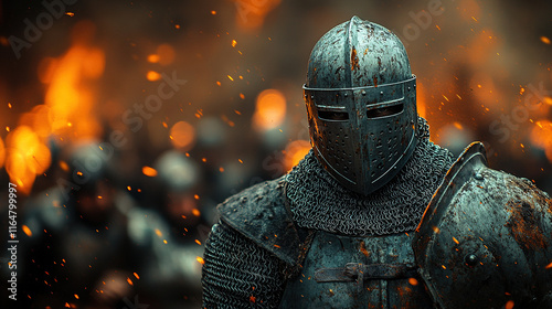 Teutonic Knight in Full Armor with Sword, Medieval Templar Warrior Standing in Battle Stance on Historic Battlefield in the Middle Ages, Dramatic Light and Historical Setting