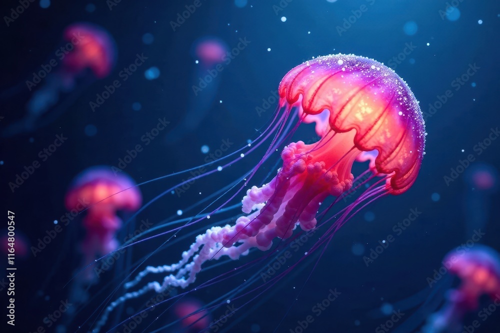 Fototapeta premium Ethereal jellyfish drift in bioluminescent ocean depths, wildlife, light, dreamlike
