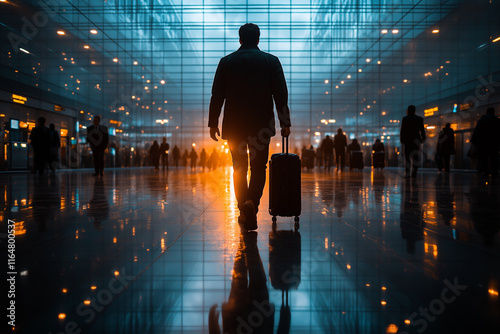 A traveler with luggage walks through an airport terminal, surrounded by other passengers and the vastness of their journey ahead. Traveller photography.
