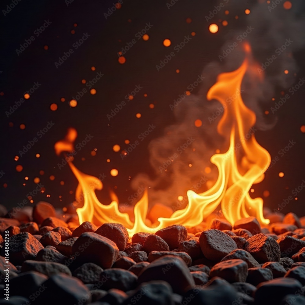Fototapeta premium Fiery orange and yellow flames against a dark background, black, texture, hellfire