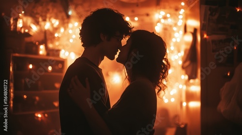 Silhouette of a Couple Kissing in a Room Lit by Warm Lights photo