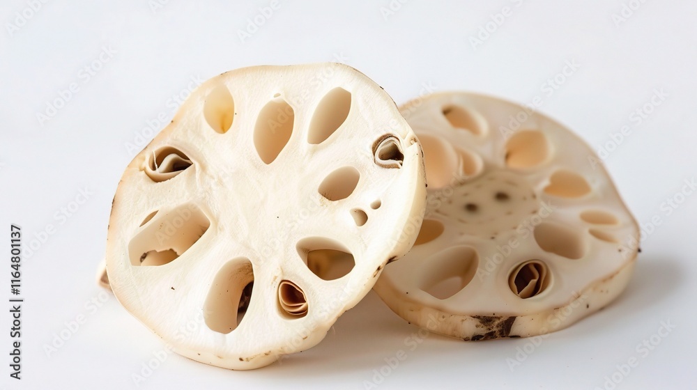 Fresh lotus root lying gracefully on a pure white background, showing its unique shape with several sections connected in an orderly manner. The smooth surface of the lotus root is clearly visible Fresh lotus root lying gracefully on a pure white background, showing its unique shape with several sections connected in an orderly manner. The smooth surface of the lotus root is clearly visible