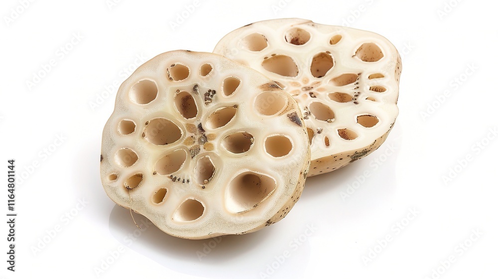 Fresh lotus root lying gracefully on a pure white background, showing its unique shape with several sections connected in an orderly manner. The smooth surface of the lotus root is clearly visible Fresh lotus root lying gracefully on a pure white background, showing its unique shape with several sections connected in an orderly manner. The smooth surface of the lotus root is clearly visible