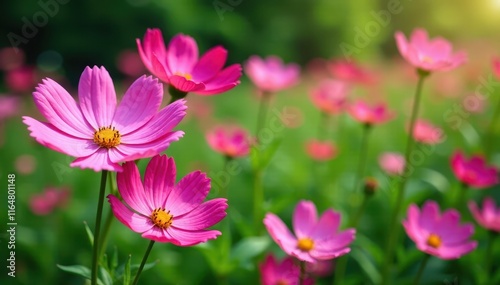 Large cosmos flowers blooming in a lush green garden bed, garden, nature, blossom