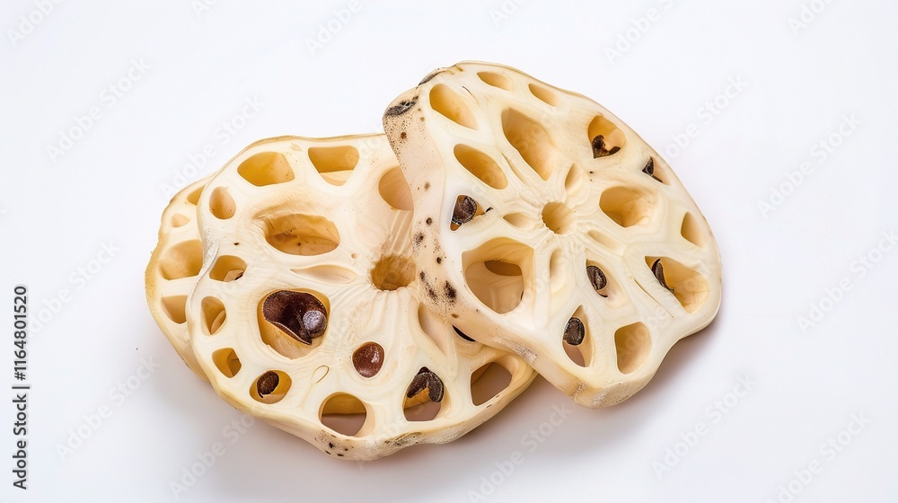 Fresh lotus root lying gracefully on a pure white background, showing its unique shape with several sections connected in an orderly manner. The smooth surface of the lotus root is clearly visible Fresh lotus root lying gracefully on a pure white background, showing its unique shape with several sections connected in an orderly manner. The smooth surface of the lotus root is clearly visible