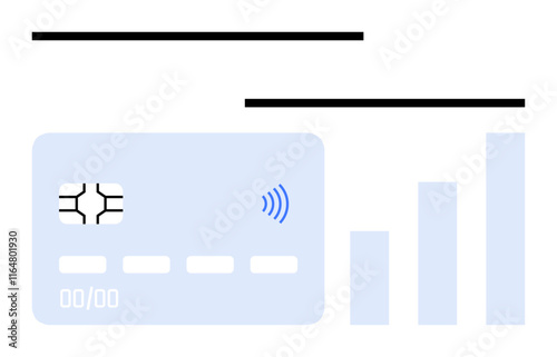 Credit card with chip and contactless icon, aligned bars symbolizing growth. Ideal for digital wallets, e-commerce, finance, banking, contactless transactions, fintech innovation, abstract line flat