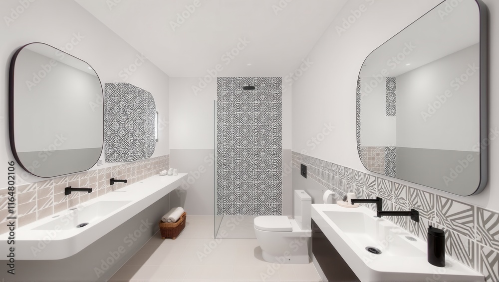Fototapeta premium Modern bathroom interior with dual sinks, large illuminated mirrors, and neutral beige tile walls. A sleek, minimalist design emphasizes functionality and elegance. Generative, AI,