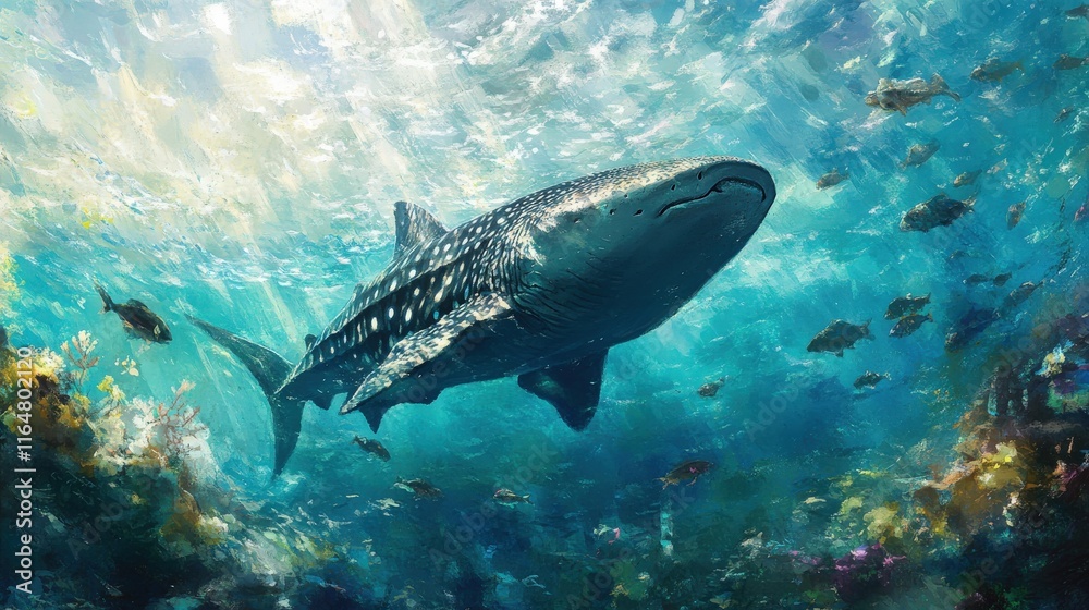 Obraz premium Whale Shark Swims Through Vibrant Coral Reef