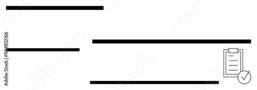 Clipboard with checklist and checkmark beside horizontal black lines suggesting organization, completion, or progress. Ideal for productivity, goals, planning, success, workflow, management abstract