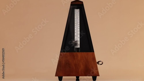 Wooden Mechanical Metronome With Metal Arm Moving At Allegro Tempo 
