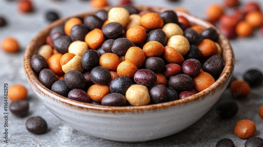 A bowl filled with colorful, round snacks on a textured surface. A bowl filled with colorful, round snacks on a textured surface.