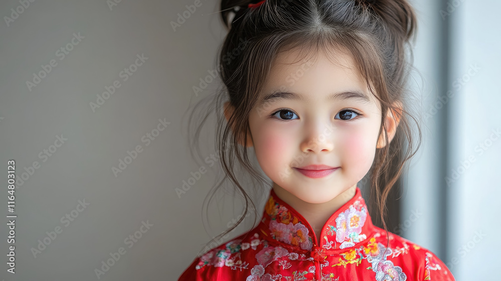 Cute little chinese girl in red carnival dress smiling on white background, asian child, holiday Cute little chinese girl in red carnival dress smiling on white background, asian child, holiday