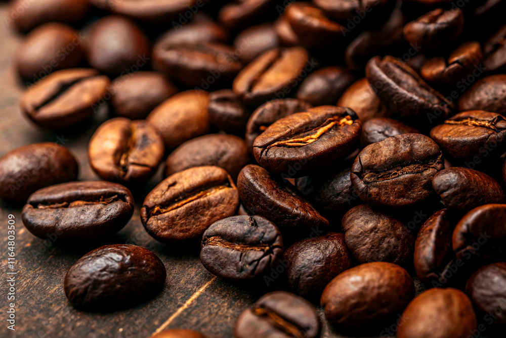 Obraz premium Close up of roasted coffee beans background hot drink grain texture for vintage morning breakfast energy caffeine aroma or grain wallpaper shot AI generation