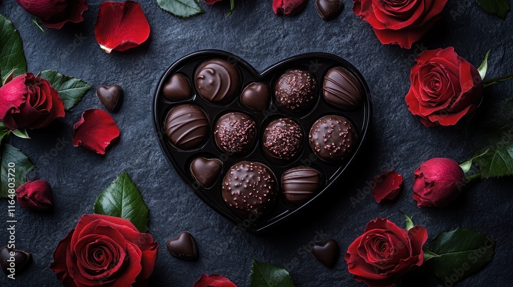 Heart-shaped box of assorted chocolates surrounded by red roses and petals on dark background. Heart-shaped box of assorted chocolates surrounded by red roses and petals on dark background.