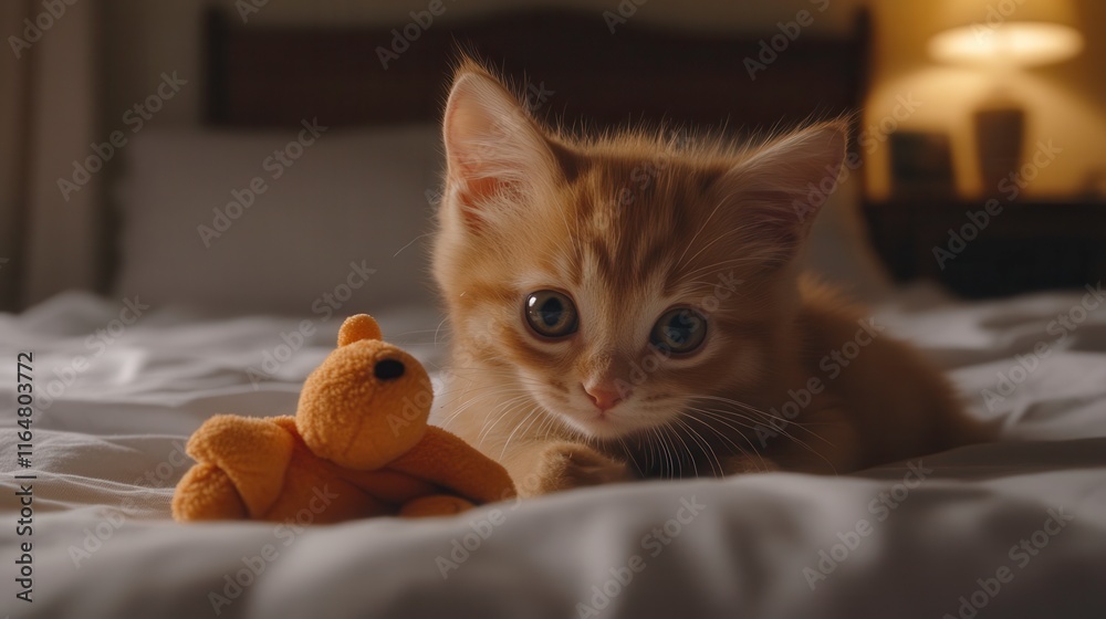 Cute Kitten Playing with Stuffed Toy on Bed