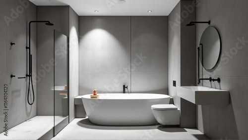 A minimalist bathroom with grey walls, a round mirror, floating wooden vanity, black fixtures, and a modern shower design illuminated by natural light. Generative, AI,