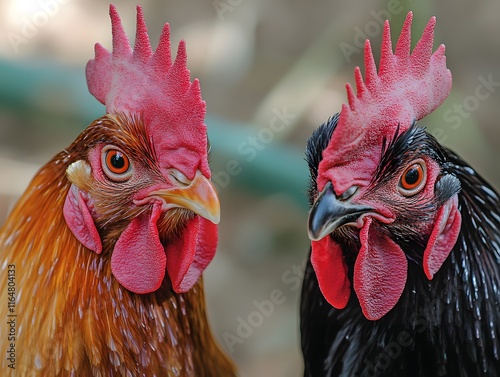 Intense Rooster Portraits: Two Birds, Vibrant Colors, Close-Up photo