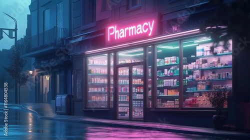 pharmacy storefront with a bright neon sign reading 